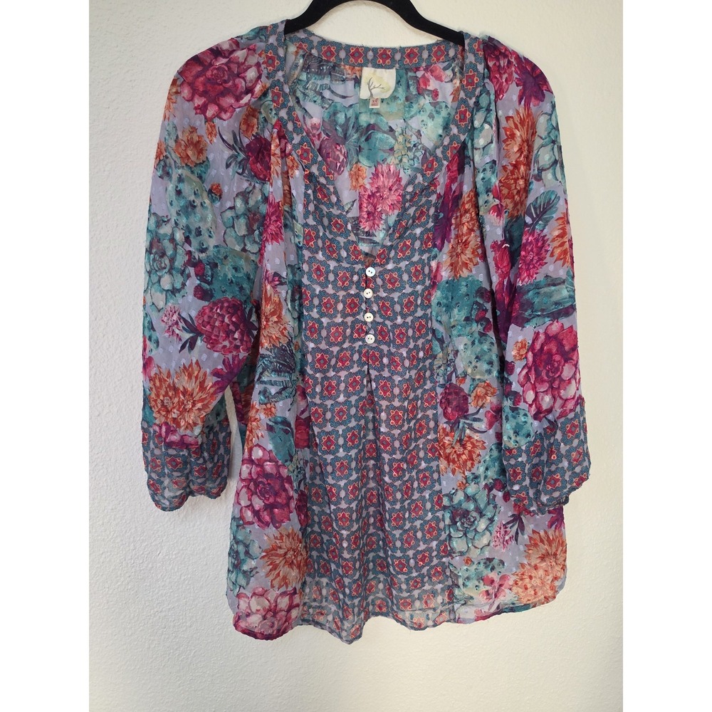 Fig & Flower Floral Blouse XL 3/4 Sleeve Multicolor Boho Top Tunic Semi-Sheer